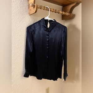 Zara Basic navy satin button down shirt Sz XS